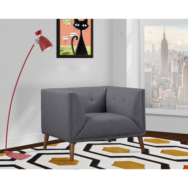 Armen Living Hudson Mid-Century Button-Tufted Chair in Dark Gray Linen and Walnut Legs - LCHU1DG