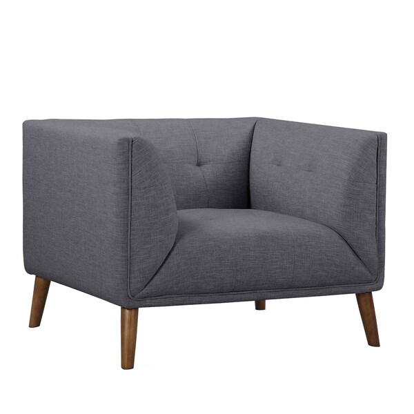 Armen Living Hudson Mid-Century Button-Tufted Chair in Dark Gray Linen and Walnut Legs - LCHU1DG