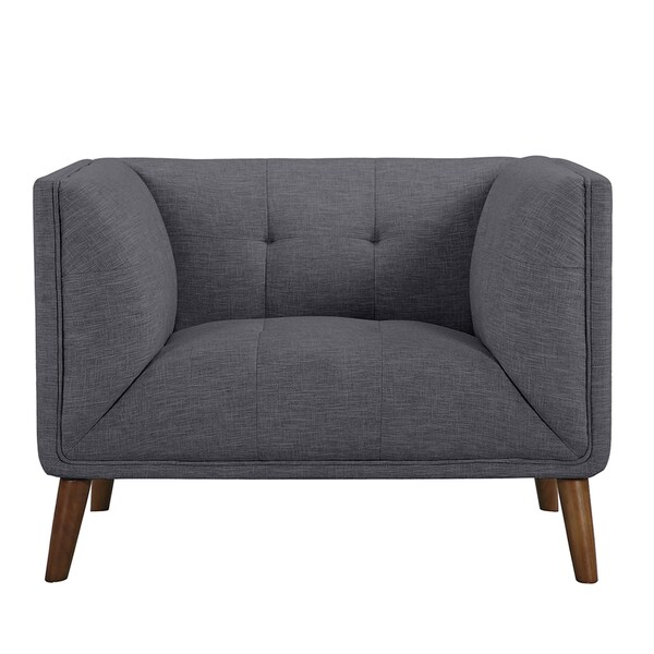 Armen Living Hudson Mid-Century Button-Tufted Chair in Dark Gray Linen and Walnut Legs - LCHU1DG