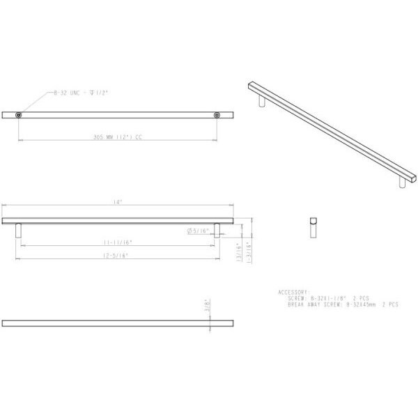 Jeffrey Alexander 305 mm Center-to-Center Matte Black Square Dominique Cabinet Bar Pull - 845-305MB