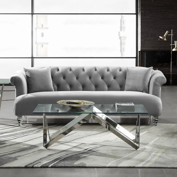 Armen Living Elegance Contemporary Sofa in Gray Velvet with Acrylic Legs - LCEG3GR
