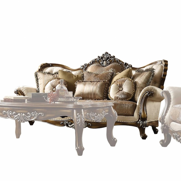 Homeroots 40 x 89 x 48 in. Tan Pattern Fabric Antique Oak Upholstery Wood Sofa with 6 Pillows - 348230