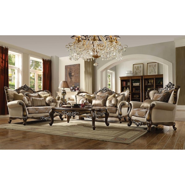 Homeroots 40 x 89 x 48 in. Tan Pattern Fabric Antique Oak Upholstery Wood Sofa with 6 Pillows - 348230