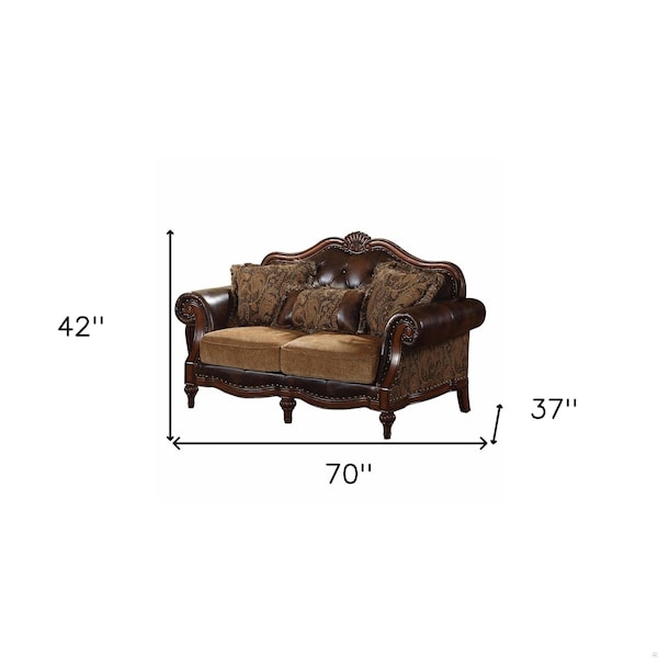 Homeroots 37 x 70 x 42 in. PU Chenille Upholstery Wood Loveseat with 3 Pillows - 346974