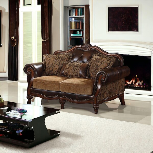 Homeroots 37 x 70 x 42 in. PU Chenille Upholstery Wood Loveseat with 3 Pillows - 346974