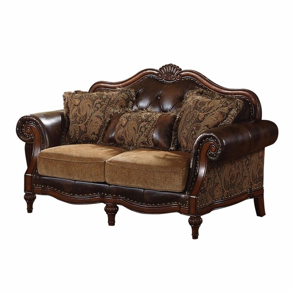 Homeroots 37 x 70 x 42 in. PU Chenille Upholstery Wood Loveseat with 3 Pillows - 346974