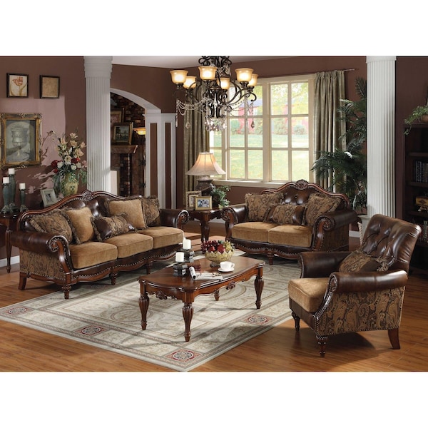 Homeroots 37 x 70 x 42 in. PU Chenille Upholstery Wood Loveseat with 3 Pillows - 346974