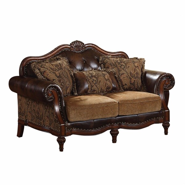 Homeroots 37 x 70 x 42 in. PU Chenille Upholstery Wood Loveseat with 3 Pillows - 346974