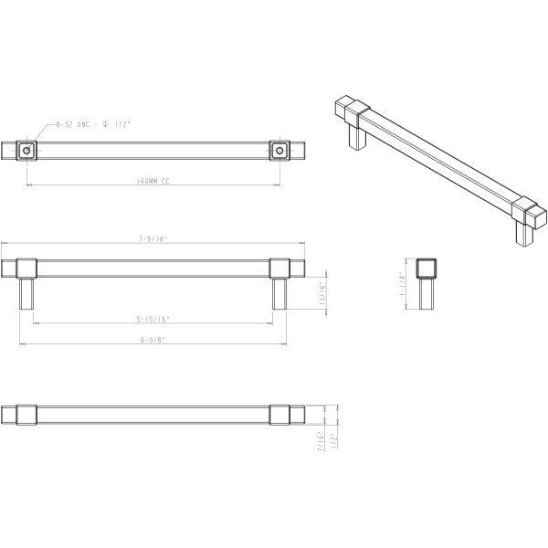 Jeffrey Alexander 160 mm Center-to-Center Brushed Pewter Square Zane Cabinet Pull - 293-160BNBDL