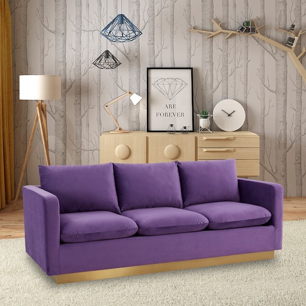 Leisuremod Nervo Upholstered Velvet Sofa with Gold Frame, Purple - NS83PU