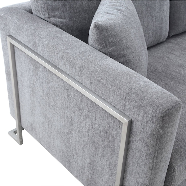 Armen Living Heritage Gray Fabric Upholstered Sofa with Brushed Stainless Steel Legs - LCHT3GREY