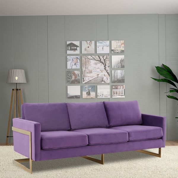 Leisuremod Lincoln Upholstered Velvet Sofa with Gold Frame, Purple - LA83PU