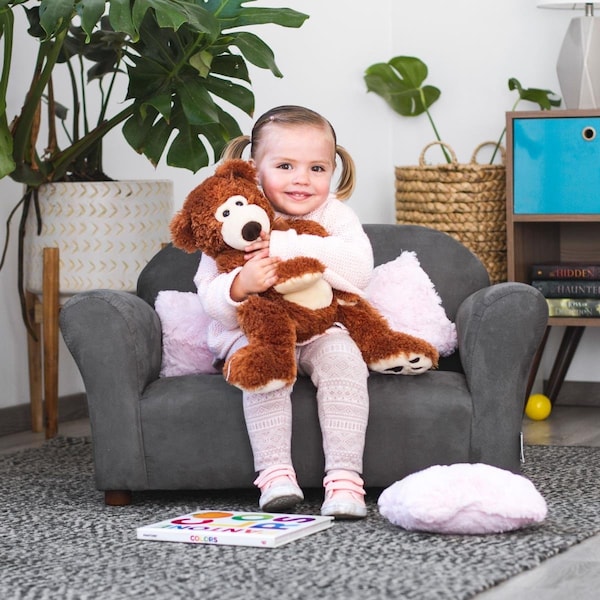 Keet Plush Childrens Sofa with Pink Accent Pillows, Charcoal - 32 x 18 x 18 x in. - SR092P
