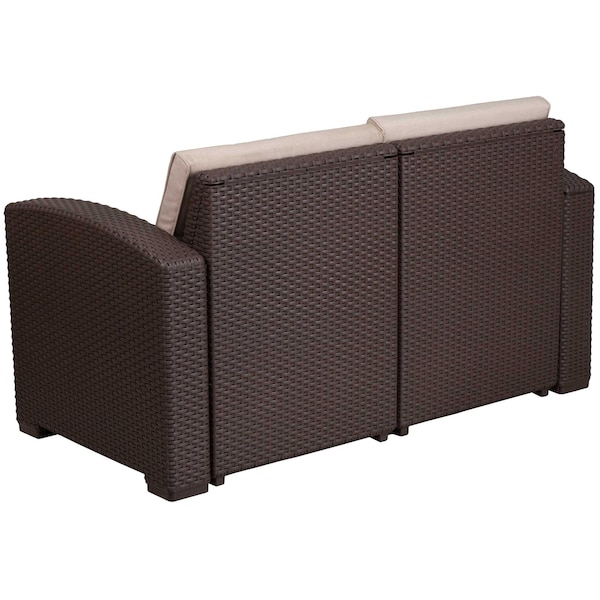 Flash Furniture Chocolate Rattan Loveseat w/All-Weather Cushions - DAD-SF1-2-GG