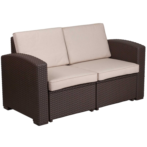 Flash Furniture Chocolate Rattan Loveseat w/All-Weather Cushions - DAD-SF1-2-GG