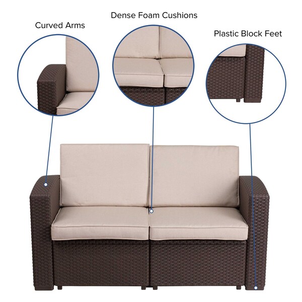 Flash Furniture Chocolate Rattan Loveseat w/All-Weather Cushions - DAD-SF1-2-GG