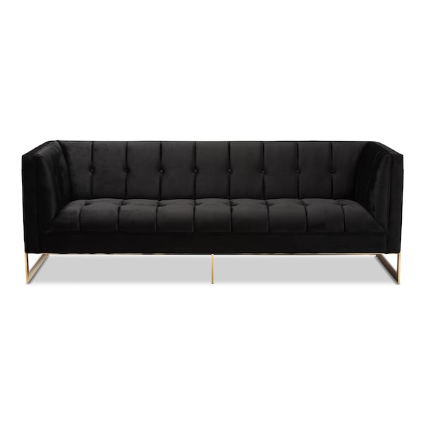 Baxton Studio Ambra Glam and Luxe Black Velvet Upholstered and Button Tufted Sofa with Gold-Tone Frame - 195-11714-ZORO