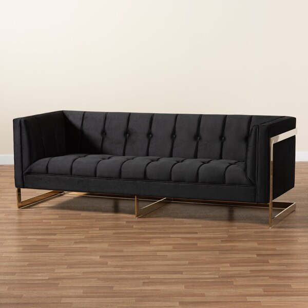 Baxton Studio Ambra Glam and Luxe Black Velvet Upholstered and Button Tufted Sofa with Gold-Tone Frame - 195-11714-ZORO