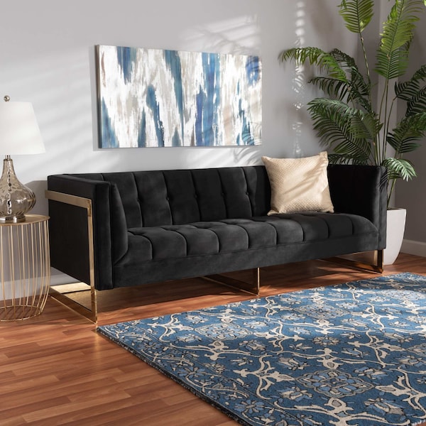 Baxton Studio Ambra Glam and Luxe Black Velvet Upholstered and Button Tufted Sofa with Gold-Tone Frame - 195-11714-ZORO