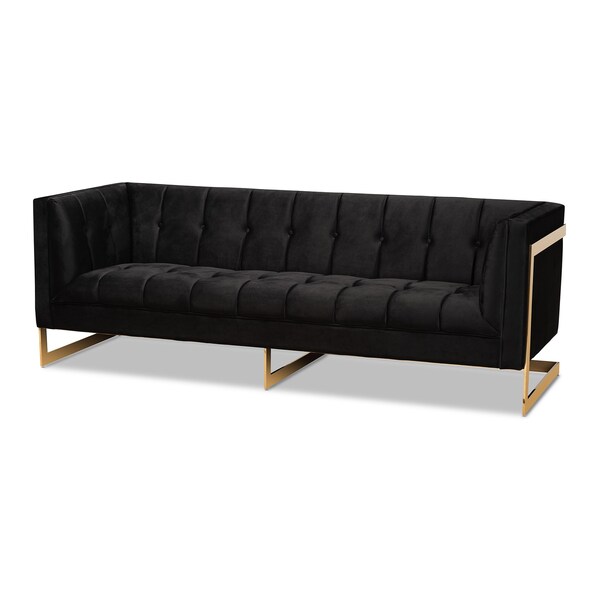 Baxton Studio Ambra Glam and Luxe Black Velvet Upholstered and Button Tufted Sofa with Gold-Tone Frame - 195-11714-ZORO