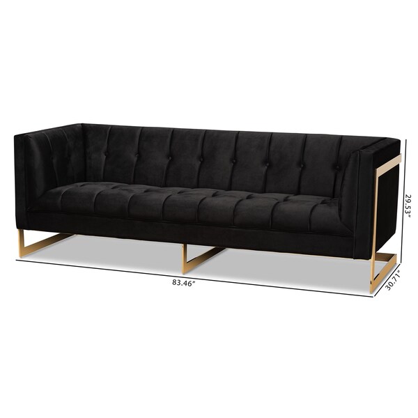Baxton Studio Ambra Glam and Luxe Black Velvet Upholstered and Button Tufted Sofa with Gold-Tone Frame - 195-11714-ZORO
