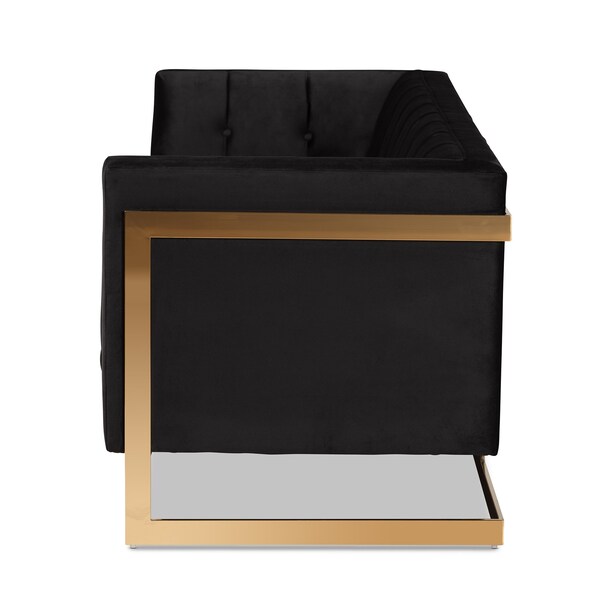 Baxton Studio Ambra Glam and Luxe Black Velvet Upholstered and Button Tufted Sofa with Gold-Tone Frame - 195-11714-ZORO