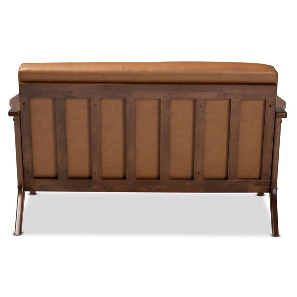 Baxton Studio Bianca Mid-Century Modern Walnut Brown Finished Wood and Tan Faux Leather Effect Loveseat - 190-11393-ZORO