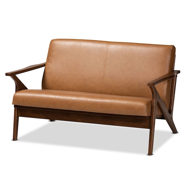 Baxton Studio Bianca Mid-Century Modern Walnut Brown Finished Wood and Tan Faux Leather Effect Loveseat - 190-11393-ZORO