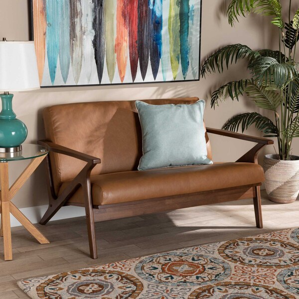 Baxton Studio Bianca Mid-Century Modern Walnut Brown Finished Wood and Tan Faux Leather Effect Loveseat - 190-11393-ZORO