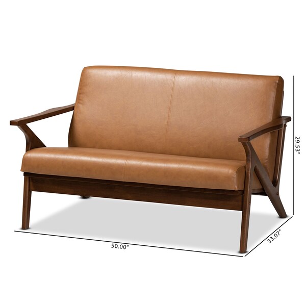 Baxton Studio Bianca Mid-Century Modern Walnut Brown Finished Wood and Tan Faux Leather Effect Loveseat - 190-11393-ZORO