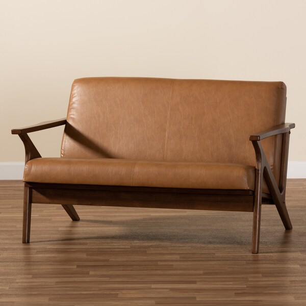 Baxton Studio Bianca Mid-Century Modern Walnut Brown Finished Wood and Tan Faux Leather Effect Loveseat - 190-11393-ZORO