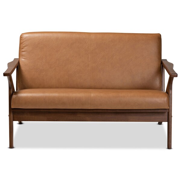 Baxton Studio Bianca Mid-Century Modern Walnut Brown Finished Wood and Tan Faux Leather Effect Loveseat - 190-11393-ZORO
