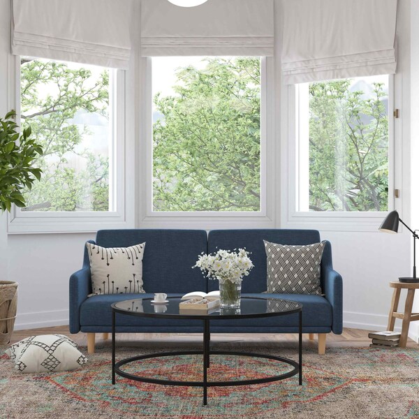 Flash Furniture Navy Faux Linen Split Back Futon Sofa-Wooden Legs - HC-1035-NV-GG