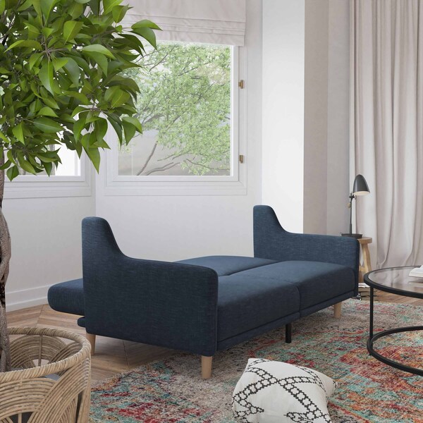 Flash Furniture Navy Faux Linen Split Back Futon Sofa-Wooden Legs - HC-1035-NV-GG
