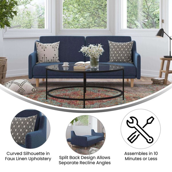 Flash Furniture Navy Faux Linen Split Back Futon Sofa-Wooden Legs - HC-1035-NV-GG