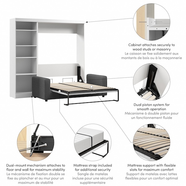 Bestar Bestar Pur Full Murphy Bed with Sofa and Shelving Unit (90W) in White - 26798-000017