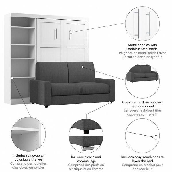 Bestar Bestar Pur Full Murphy Bed with Sofa and Shelving Unit (90W) in White - 26798-000017