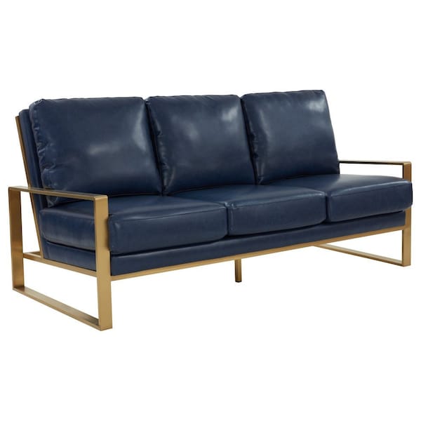 Leisuremod Jefferson Modern Design Leather Sofa with Gold Frame, Navy Blue - JAG77NBU-L