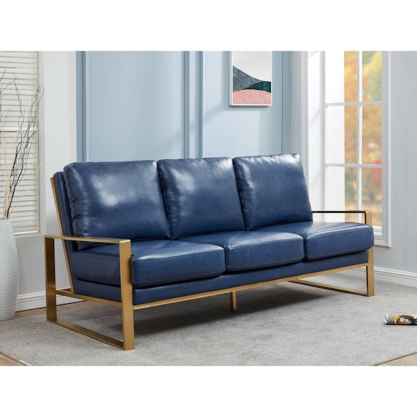 Leisuremod Jefferson Modern Design Leather Sofa with Gold Frame, Navy Blue - JAG77NBU-L