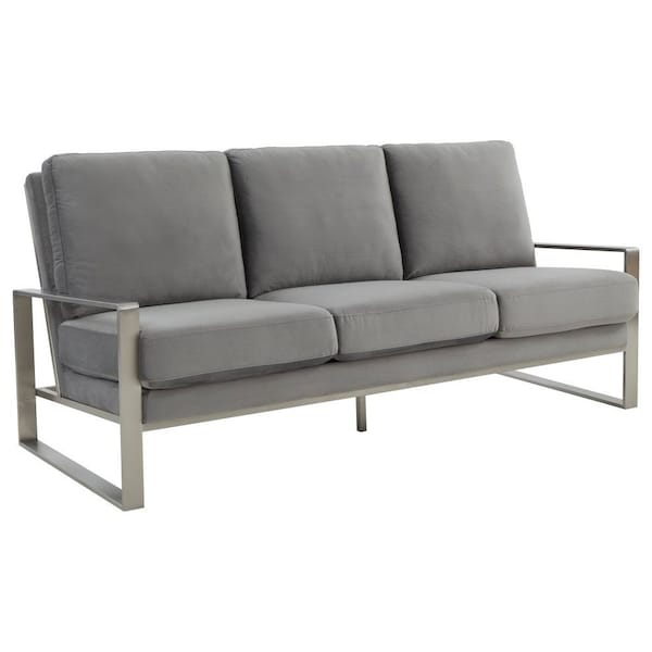 Leisuremod Jefferson Contemporary Velvet Sofa with Silver Frame, Light Grey - JAS77LGR