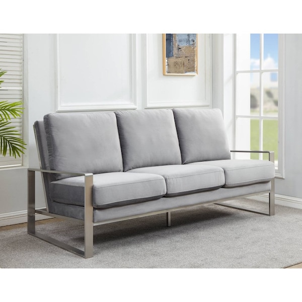 Leisuremod Jefferson Contemporary Velvet Sofa with Silver Frame, Light Grey - JAS77LGR