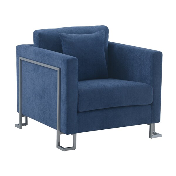 Armen Living Heritage Blue Fabric Upholstered Accent Chair with Brushed Stainless Steel Legs - LCHT1BLUE
