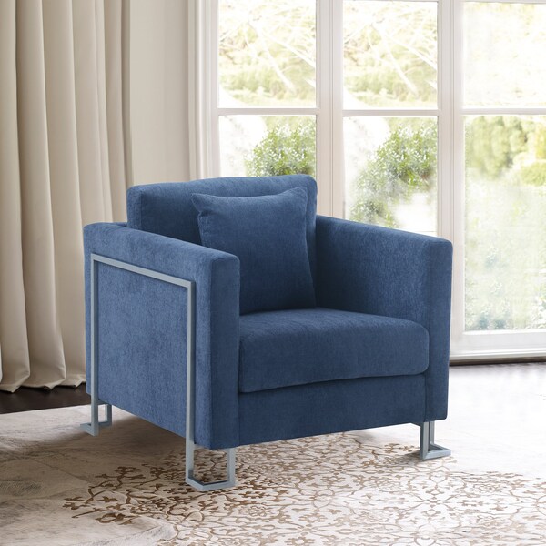 Armen Living Heritage Blue Fabric Upholstered Accent Chair with Brushed Stainless Steel Legs - LCHT1BLUE