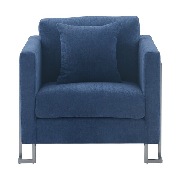 Armen Living Heritage Blue Fabric Upholstered Accent Chair with Brushed Stainless Steel Legs - LCHT1BLUE