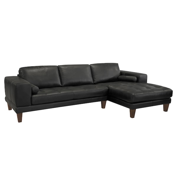 Armen Living Wynne Contemporary Sectional in Genuine Black Leather with Brown Wood Legs - LCWYSEBLACK