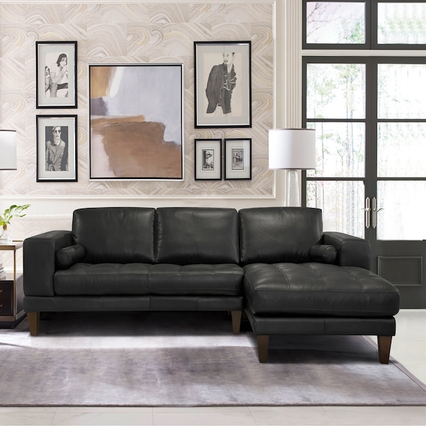 Armen Living Wynne Contemporary Sectional in Genuine Black Leather with Brown Wood Legs - LCWYSEBLACK