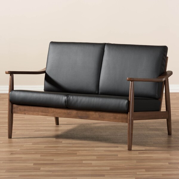 Baxton Studio Venza Walnut Wood Black Faux Leather 2-Seater Loveseat - 140-7553