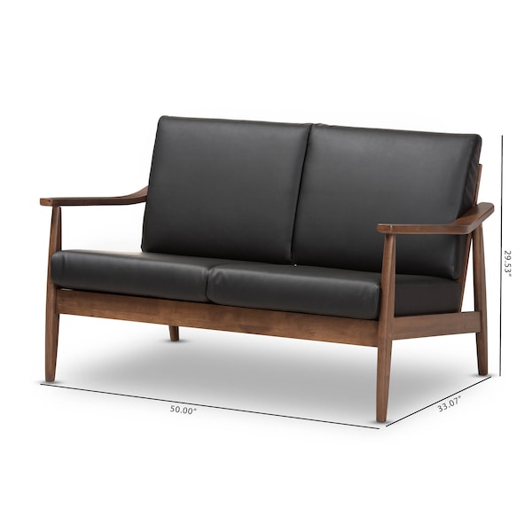 Baxton Studio Venza Walnut Wood Black Faux Leather 2-Seater Loveseat - 140-7553