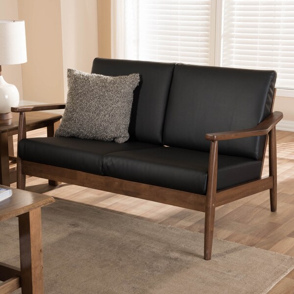 Baxton Studio Venza Walnut Wood Black Faux Leather 2-Seater Loveseat - 140-7553