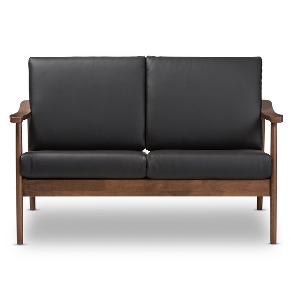 Baxton Studio Venza Walnut Wood Black Faux Leather 2-Seater Loveseat - 140-7553